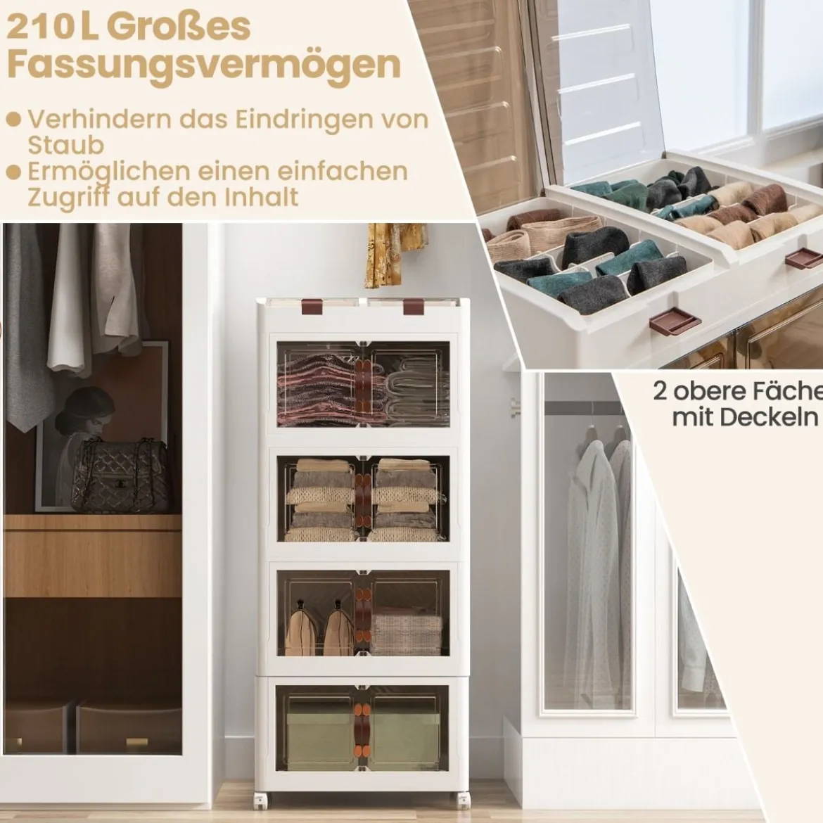 4er-Pack Stapelboxen mit Deckel & Rollen & Türen Faltbare Aufbewahrungsbox Kunststoffbox 210L