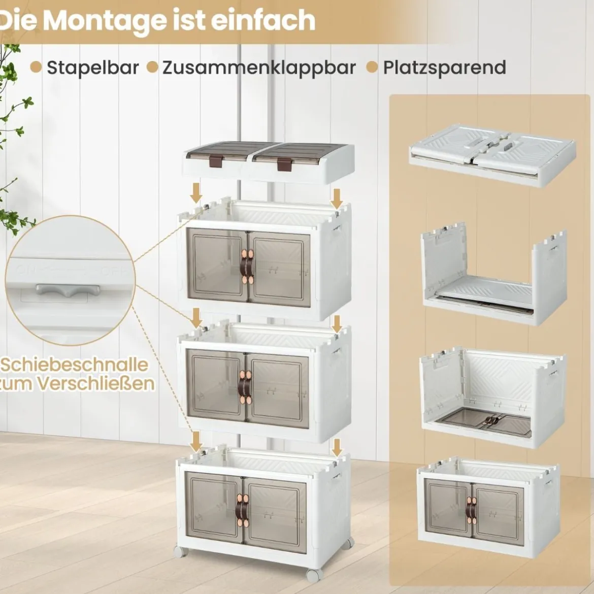 3er-Pack Stapelboxen mit Deckel & Rollen & Türen Faltbare Aufbewahrungsbox Kunststoffbox 160L
