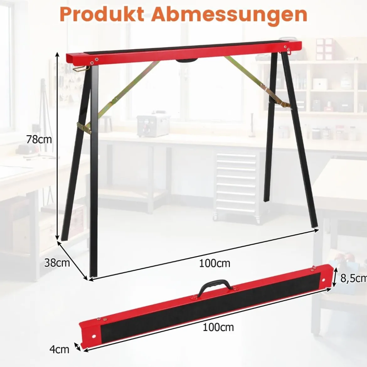 2er-Pack tragbare Sägeböcke galvanisierter Metall-Arbeitsbock mit rutschfester Oberseite Schwarz + Orange