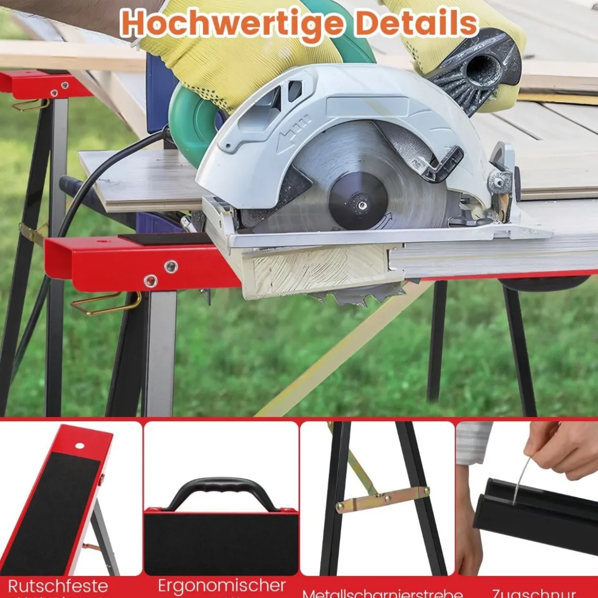 2er-Pack tragbare Sägeböcke galvanisierter Metall-Arbeitsbock mit rutschfester Oberseite Schwarz + Orange
