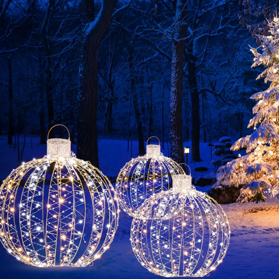 3er-Pack Weihnachtliche LED-Lichtkugeln Runde Weihnachtsbeleuchtung in 3 Größen Golden