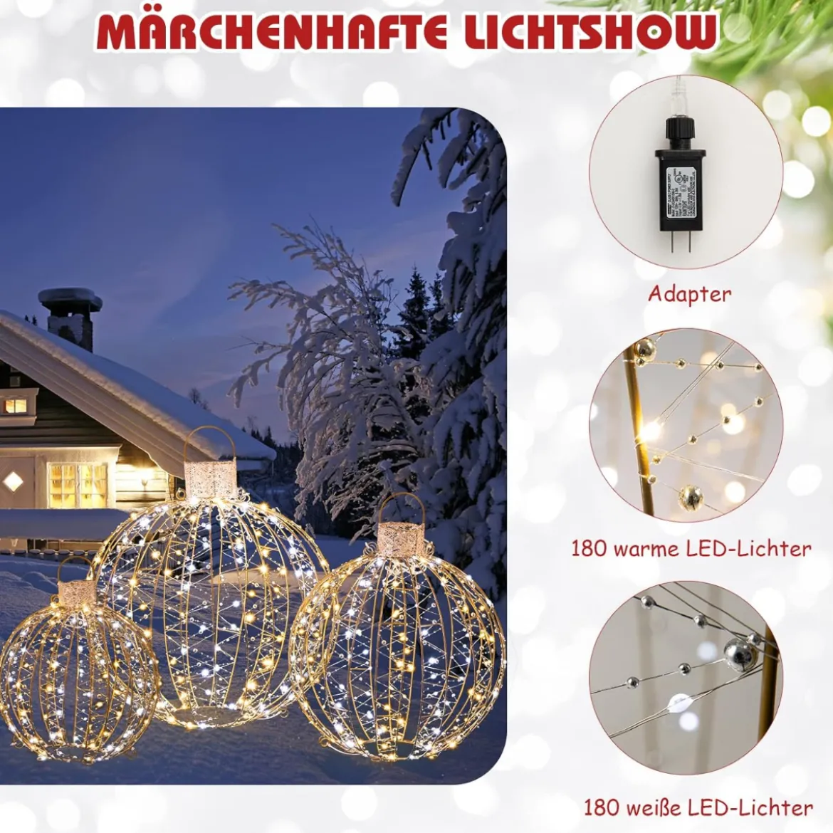 3er-Pack Weihnachtliche LED-Lichtkugeln Runde Weihnachtsbeleuchtung in 3 Größen Golden