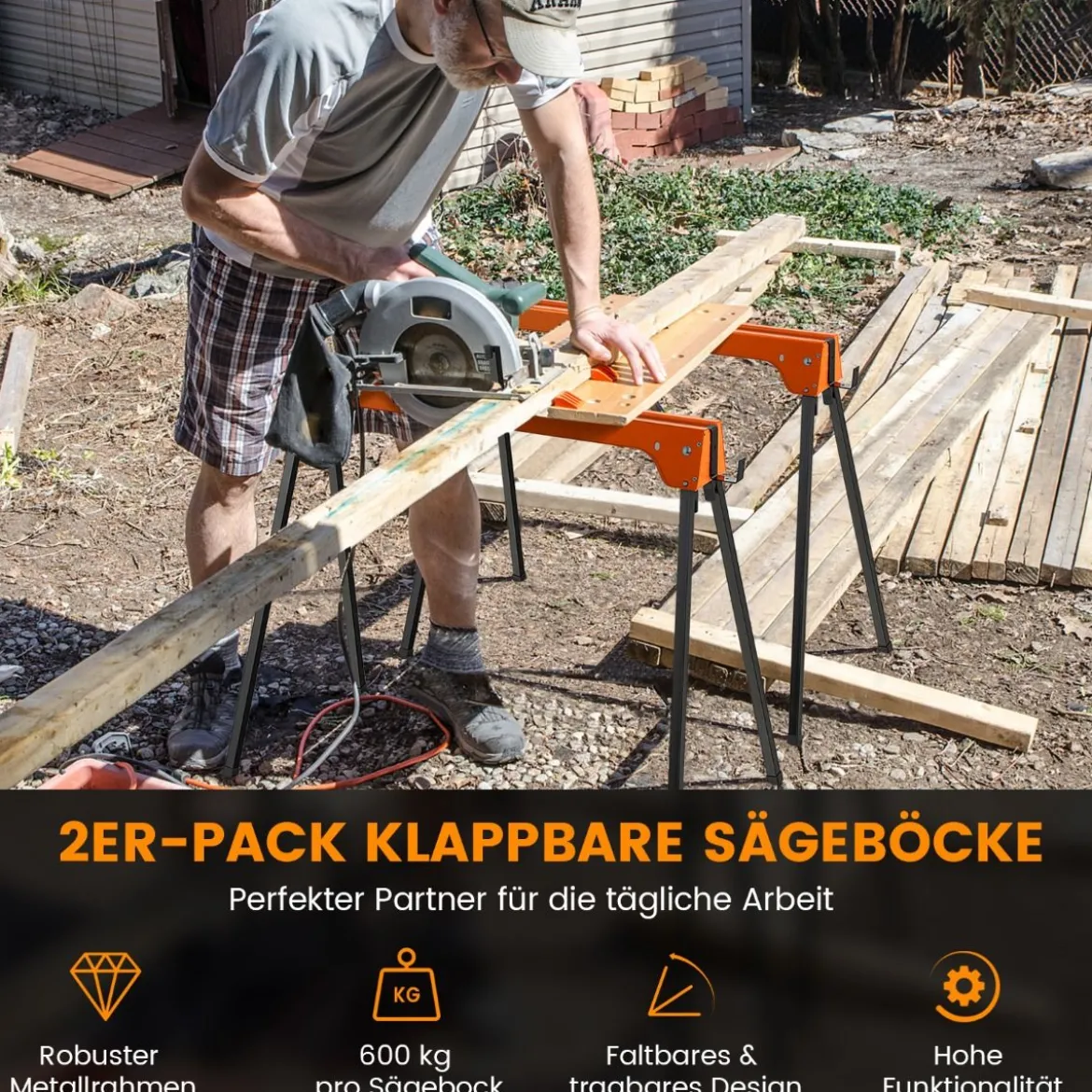 2er-Pack zusammenklappbare Sägeböcke kompaktes Elektrowerkzeug-Ständerpaket Orange