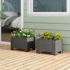 2er Pflanzkübel wetterfest Blumenkübel HDPE Garten Blumenkasten rechteckig 45 x 32 x 30 cm Grau