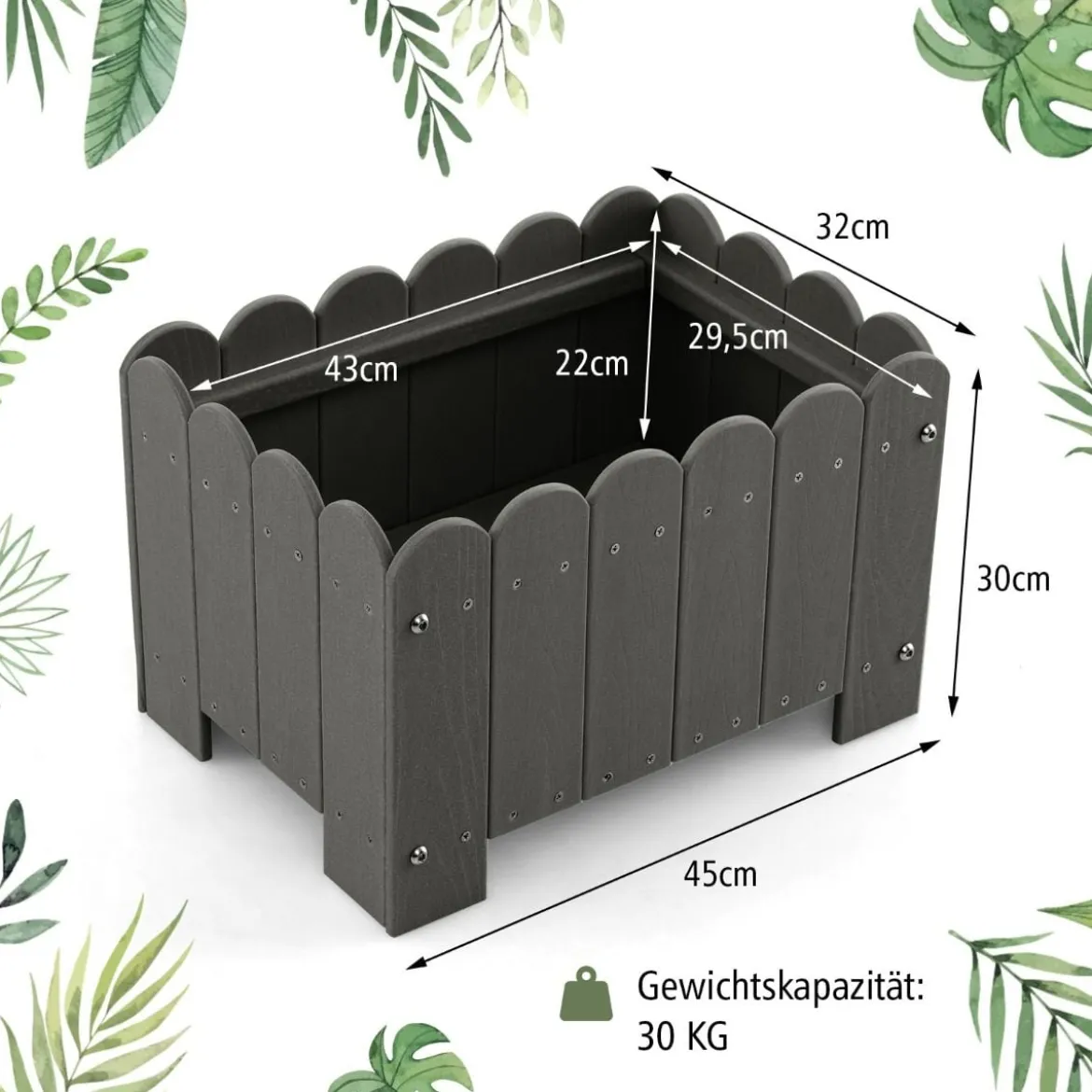 2er Pflanzkübel wetterfest Blumenkübel HDPE Garten Blumenkasten rechteckig 45 x 32 x 30 cm Grau