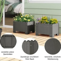2er Pflanzkübel wetterfest Blumenkübel HDPE Garten Blumenkasten rechteckig 45 x 32 x 30 cm Grau
