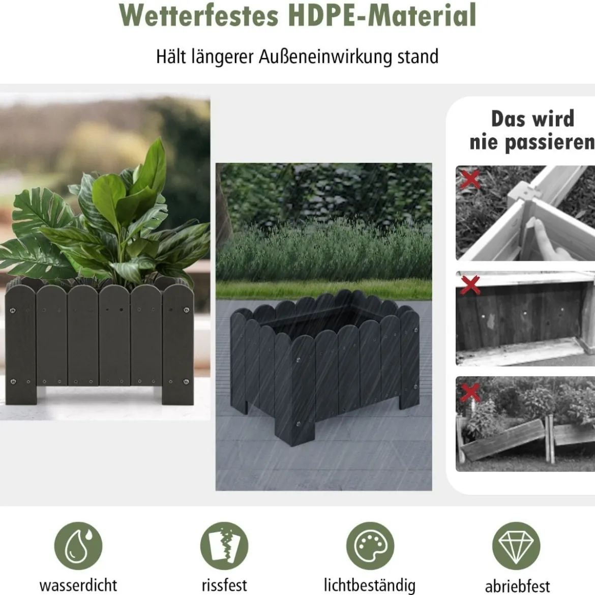2er Pflanzkübel wetterfest Blumenkübel HDPE Garten Blumenkasten rechteckig 45 x 32 x 30 cm Grau