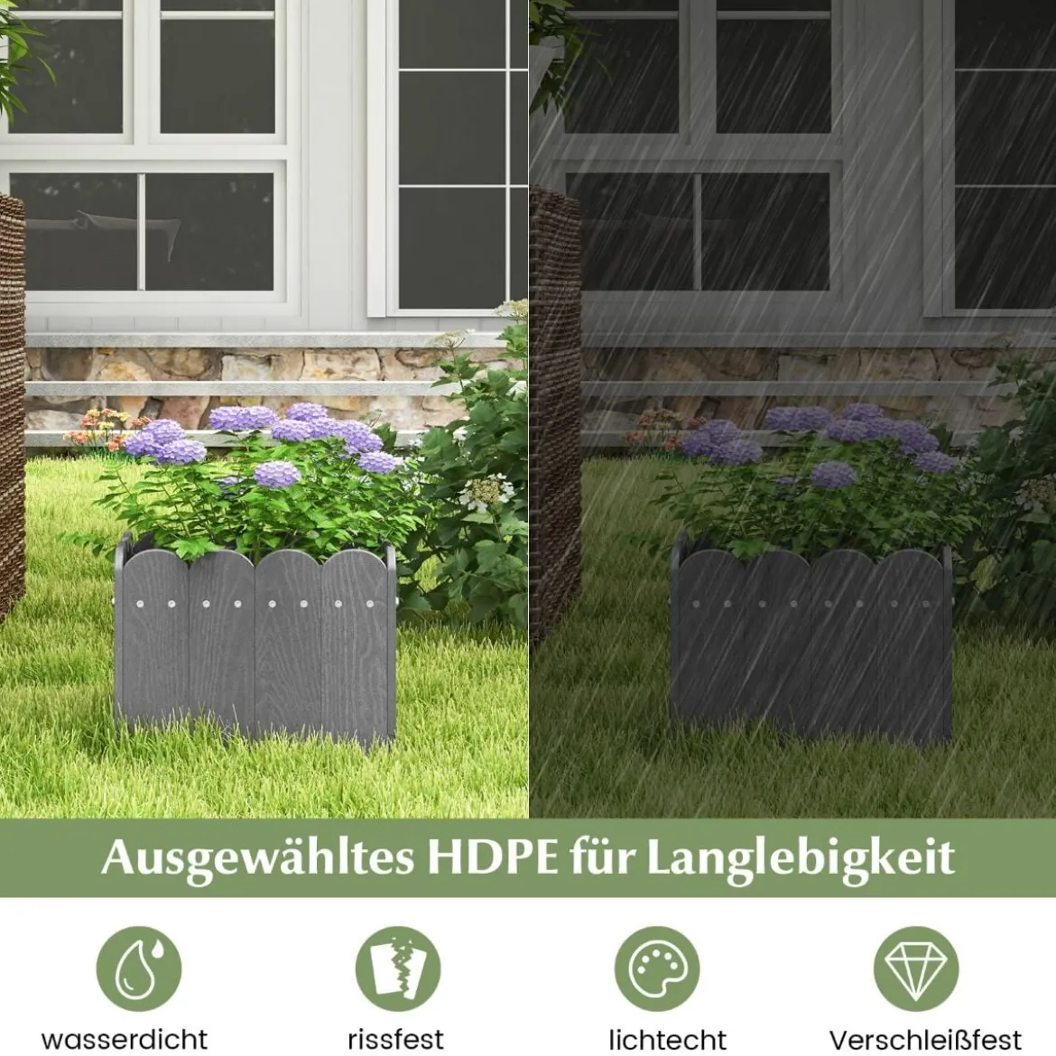 2er Pflanzkübel wetterfest Blumenkübel HDPE Garten Blumenkasten rechteckig 32 x 30 x 25 cm Grau