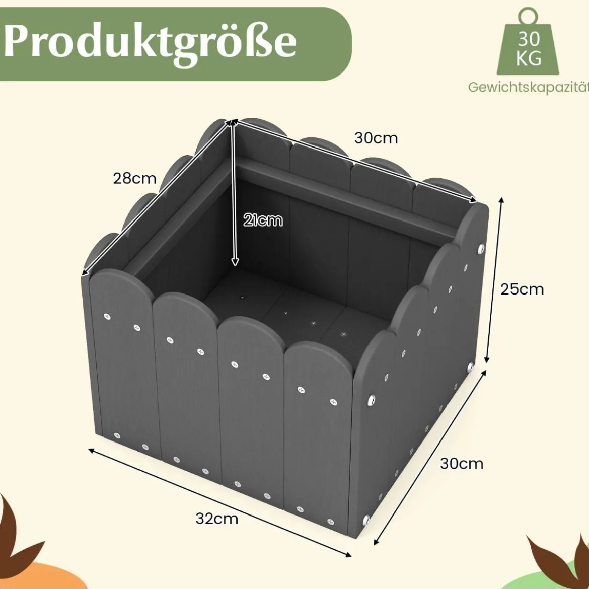 2er Pflanzkübel wetterfest Blumenkübel HDPE Garten Blumenkasten rechteckig 32 x 30 x 25 cm Grau