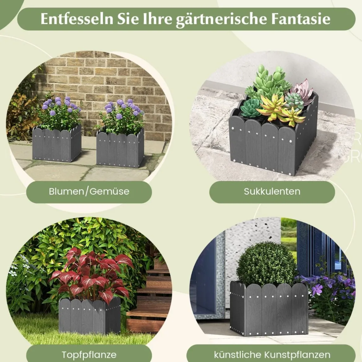 2er Pflanzkübel wetterfest Blumenkübel HDPE Garten Blumenkasten rechteckig 32 x 30 x 25 cm Grau