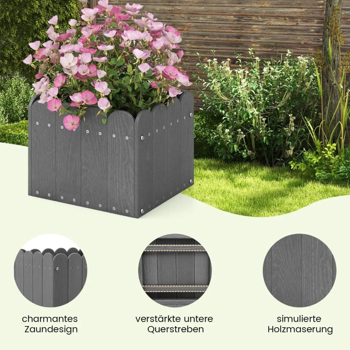 2er Pflanzkübel wetterfest Blumenkübel HDPE Garten Blumenkasten rechteckig 32 x 30 x 25 cm Grau