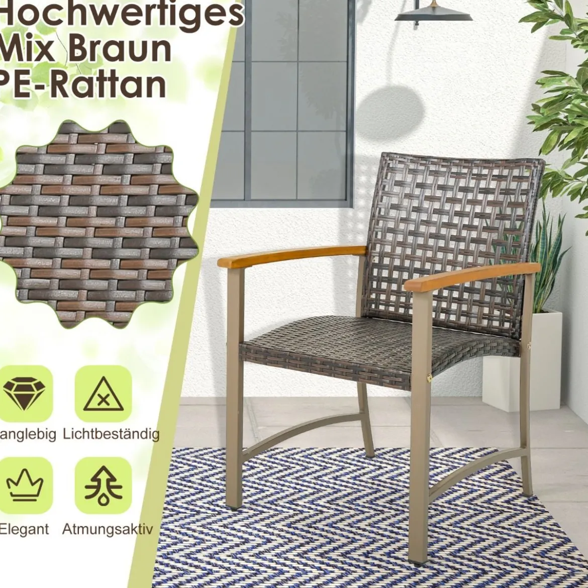 4er Rattan Gartenstuhlset mit Akazienholz-Armlehnen & Metallgestell Terrasse Essstühle