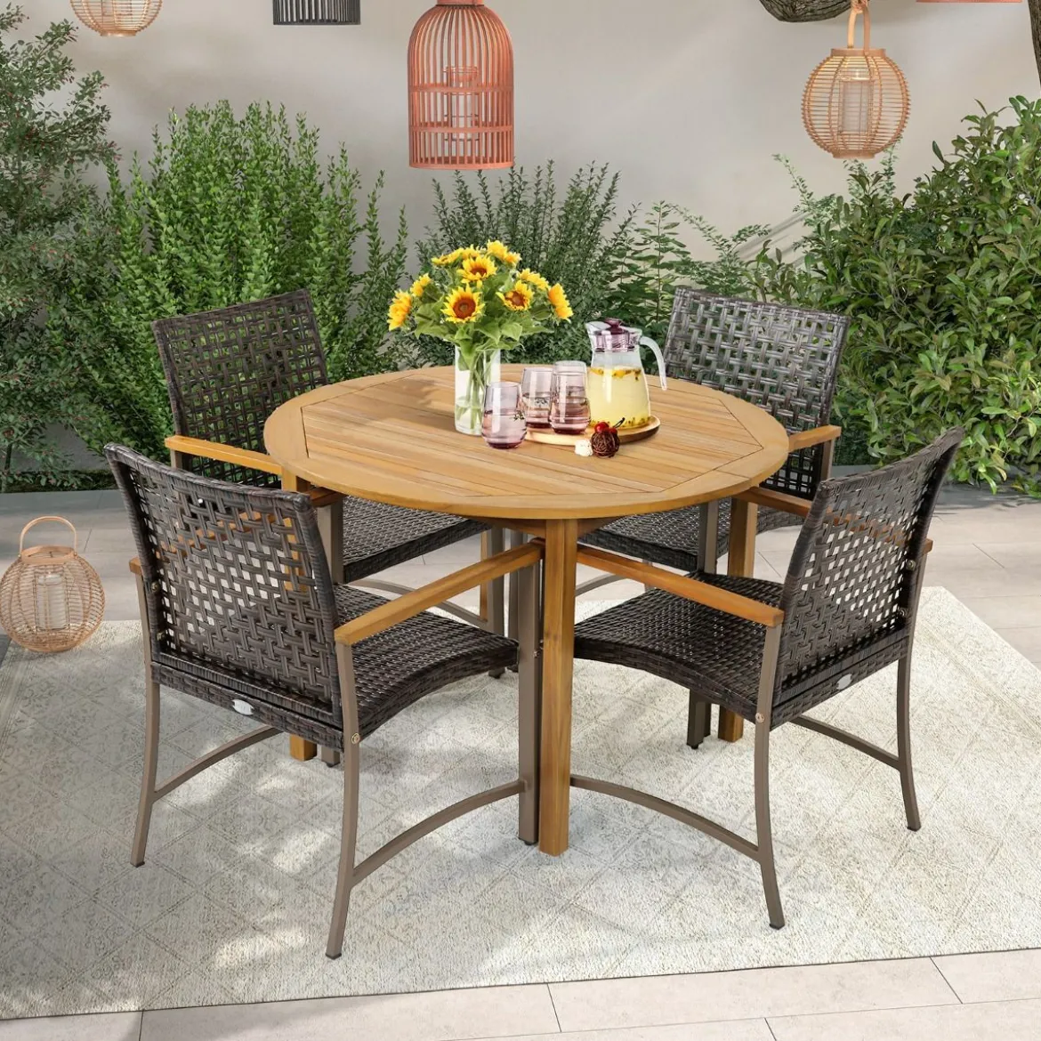 4er Rattan Gartenstuhlset mit Akazienholz-Armlehnen & Metallgestell Terrasse Essstühle
