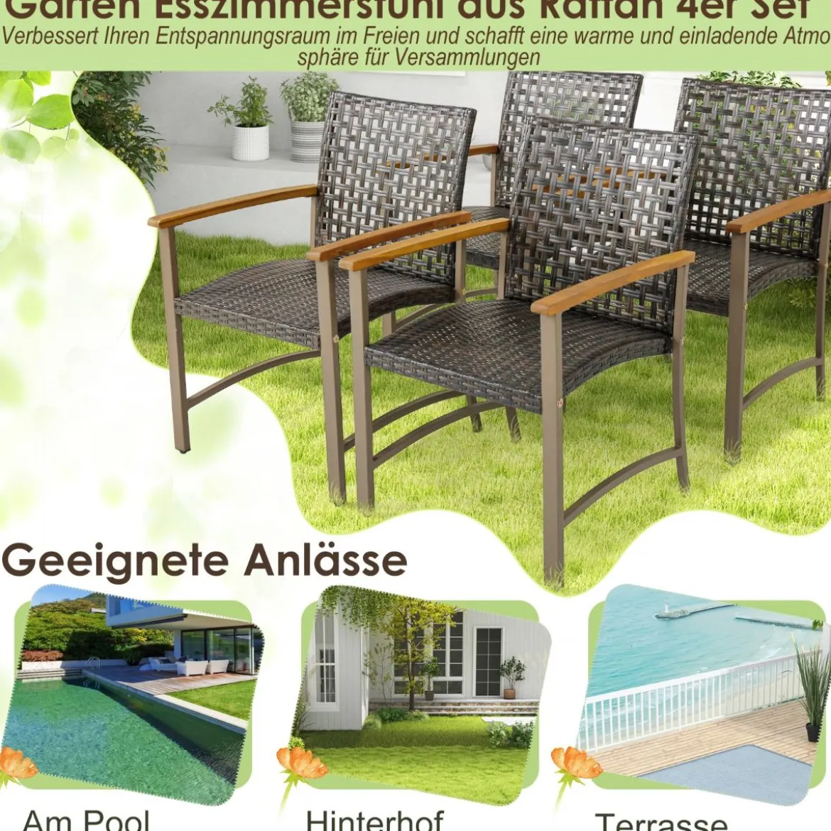 4er Rattan Gartenstuhlset mit Akazienholz-Armlehnen & Metallgestell Terrasse Essstühle