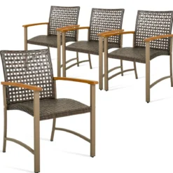 4er Rattan Gartenstuhlset mit Akazienholz-Armlehnen & Metallgestell Terrasse Essstühle