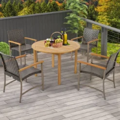 4er Rattan Gartenstuhlset mit Akazienholz-Armlehnen & Metallgestell Terrasse Essstühle