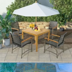 4er Rattan Gartenstuhlset mit Akazienholz-Armlehnen & Metallgestell Terrasse Essstühle