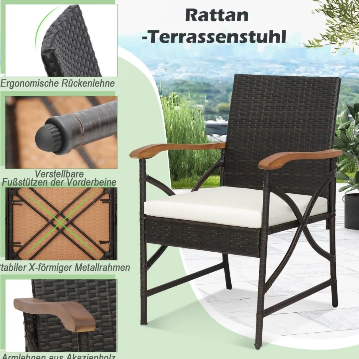 2er Rattan Stühle Set Terrassen-Korbstühle aus PE-Rattan mit Rückenlehne & Armlehne aus Holz