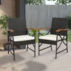2er Rattan Stühle Set Terrassen-Korbstühle aus PE-Rattan mit Rückenlehne & Armlehne aus Holz
