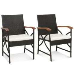 2er Rattan Stühle Set Terrassen-Korbstühle aus PE-Rattan mit Rückenlehne & Armlehne aus Holz