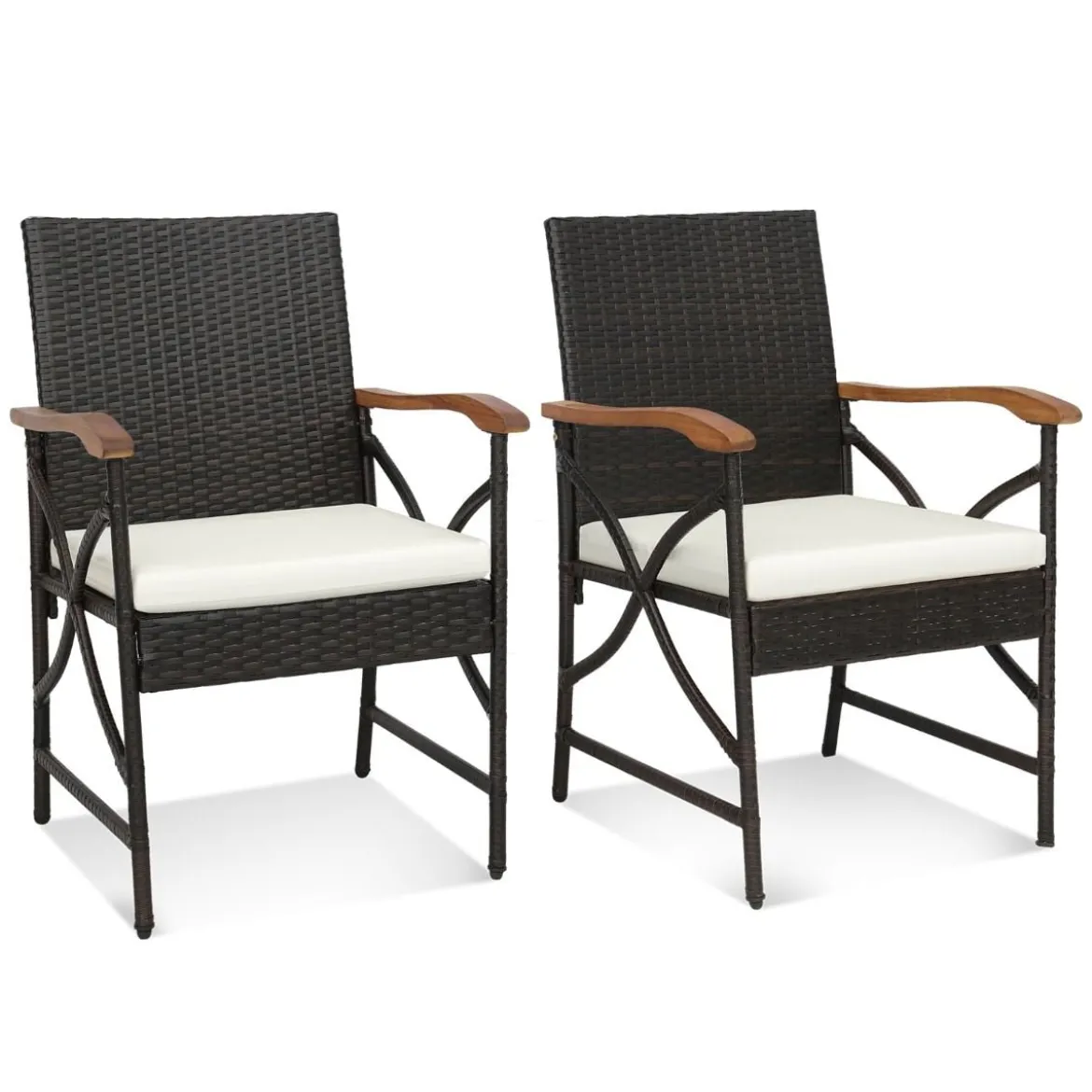 2er Rattan Stühle Set Terrassen-Korbstühle aus PE-Rattan mit Rückenlehne & Armlehne aus Holz