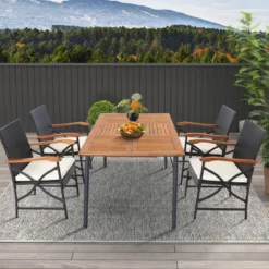 2er Rattan Stühle Set Terrassen-Korbstühle aus PE-Rattan mit Rückenlehne & Armlehne aus Holz
