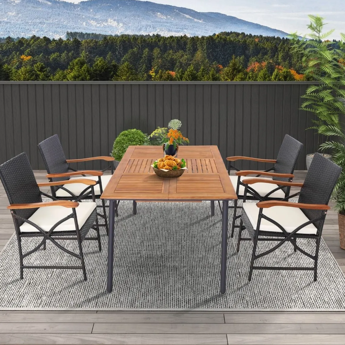 2er Rattan Stühle Set Terrassen-Korbstühle aus PE-Rattan mit Rückenlehne & Armlehne aus Holz