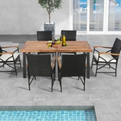 2er Rattan Stühle Set Terrassen-Korbstühle aus PE-Rattan mit Rückenlehne & Armlehne aus Holz