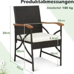 2er Rattan Stühle Set Terrassen-Korbstühle aus PE-Rattan mit Rückenlehne & Armlehne aus Holz