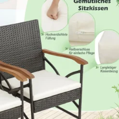 2er Rattan Stühle Set Terrassen-Korbstühle aus PE-Rattan mit Rückenlehne & Armlehne aus Holz
