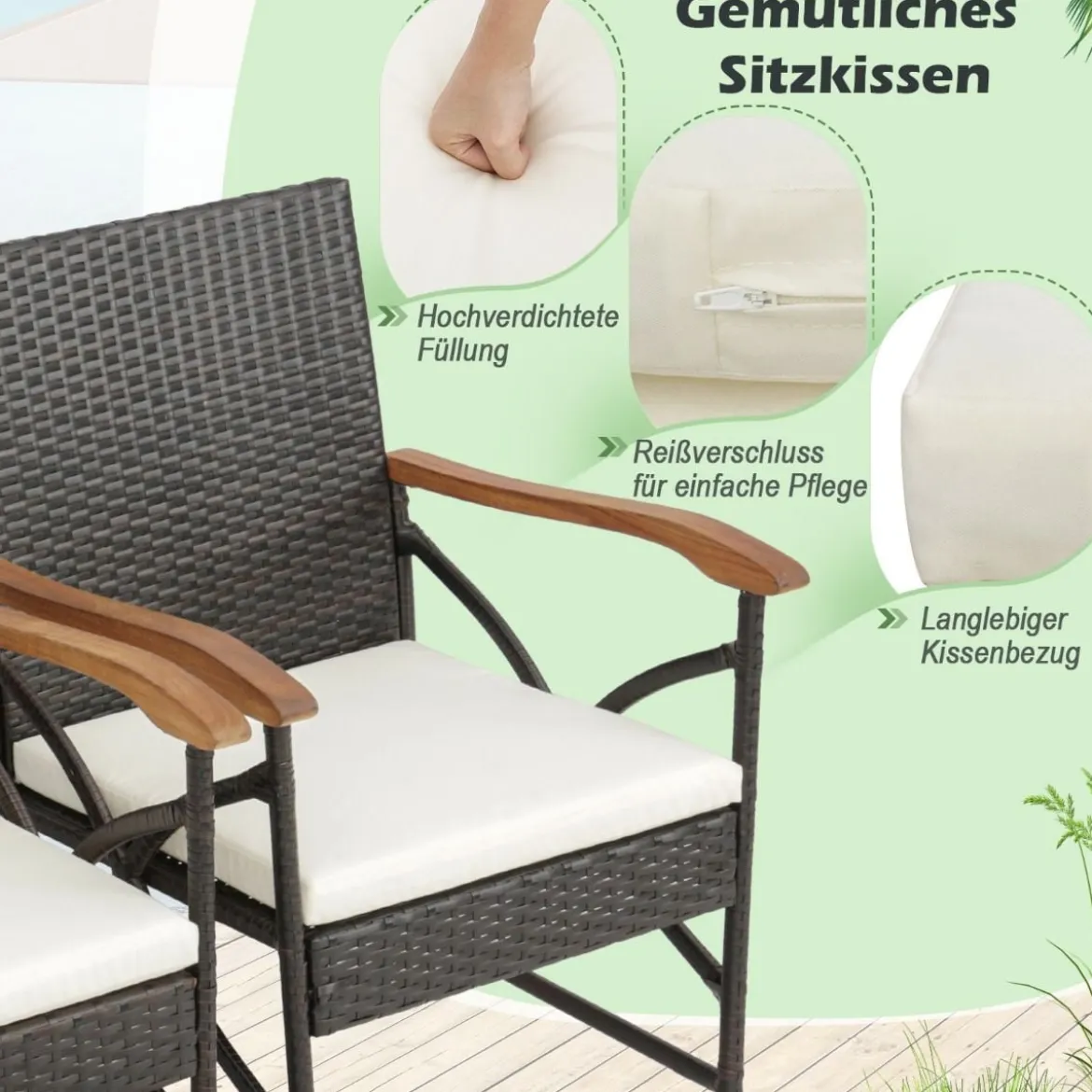 2er Rattan Stühle Set Terrassen-Korbstühle aus PE-Rattan mit Rückenlehne & Armlehne aus Holz