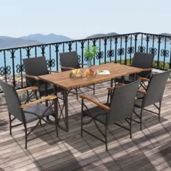 2er Rattan Stühle Set Terrassen-Korbstühle aus PE-Rattan mit Rückenlehne & Armlehne aus Holz