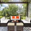 2er Ratten Sitzhocker Garten Hocker Rattan-Ottomanen mit Sitzkissen 40 x 40 x 45 cm Braun + Beige