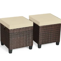 2er Ratten Sitzhocker Garten Hocker Rattan-Ottomanen mit Sitzkissen 40 x 40 x 45 cm Braun + Beige
