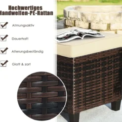 2er Ratten Sitzhocker Garten Hocker Rattan-Ottomanen mit Sitzkissen 40 x 40 x 45 cm Braun + Beige