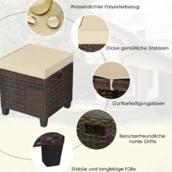 2er Ratten Sitzhocker Garten Hocker Rattan-Ottomanen mit Sitzkissen 40 x 40 x 45 cm Braun + Beige
