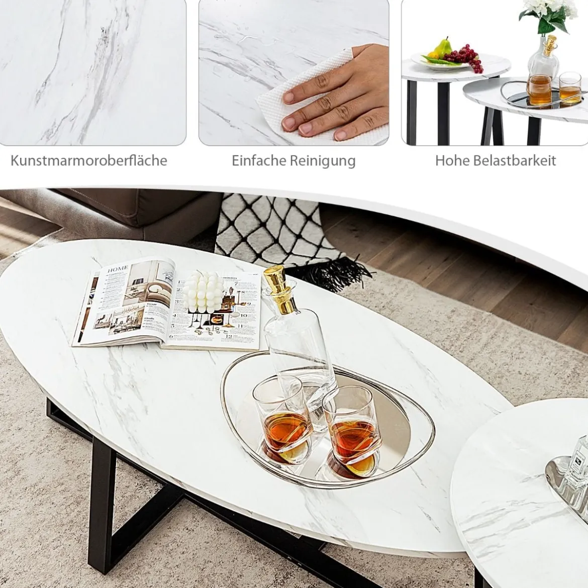 2er Satztisch Set - Couchtisch & Runder Beistelltisch Marmor Optik mit Metallrahmen