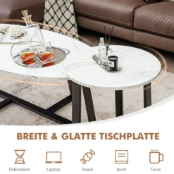 2er Satztisch Set - Couchtisch & Runder Beistelltisch Marmor Optik mit Metallrahmen
