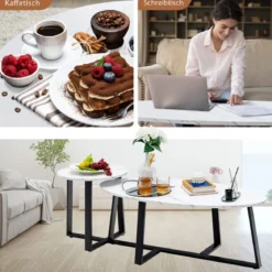 2er Satztisch Set - Couchtisch & Runder Beistelltisch Marmor Optik mit Metallrahmen