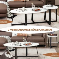 2er Satztisch Set - Couchtisch & Runder Beistelltisch Marmor Optik mit Metallrahmen