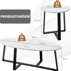 2er Satztisch Set - Couchtisch & Runder Beistelltisch Marmor Optik mit Metallrahmen