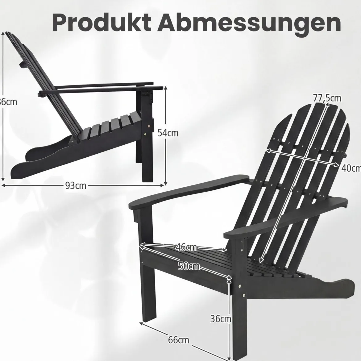 2er Set Adirondack Stuhl Gartenstuhl aus Akazienholz mit Geneigtem Sitz & Hoher Rückenlehne Schwarz