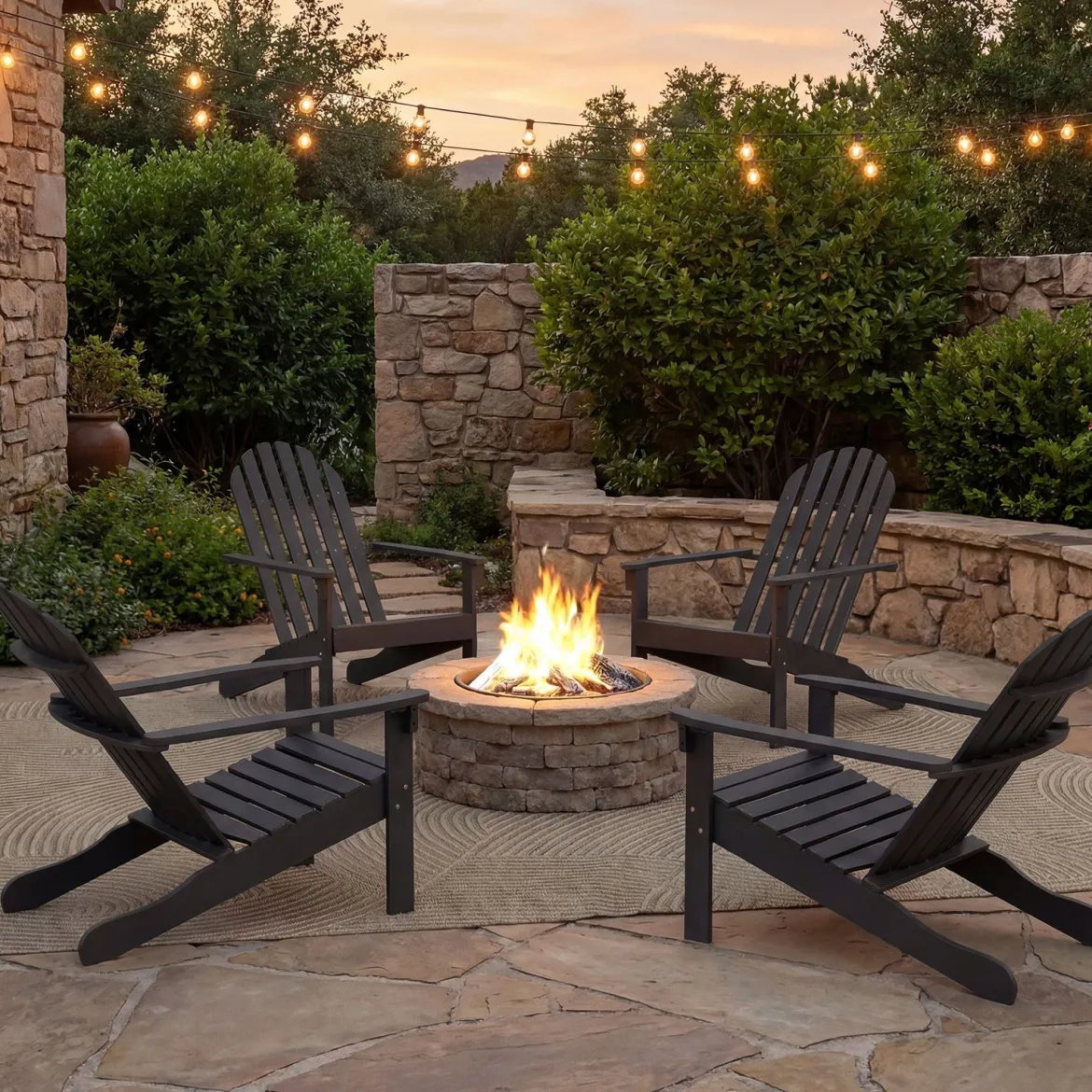 2er Set Adirondack Stuhl Gartenstuhl aus Akazienholz mit Geneigtem Sitz & Hoher Rückenlehne Schwarz