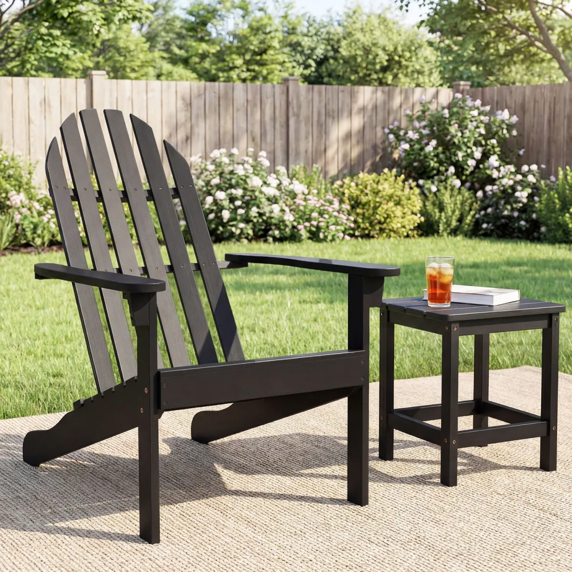 2er Set Adirondack Stuhl Gartenstuhl aus Akazienholz mit Geneigtem Sitz & Hoher Rückenlehne Schwarz