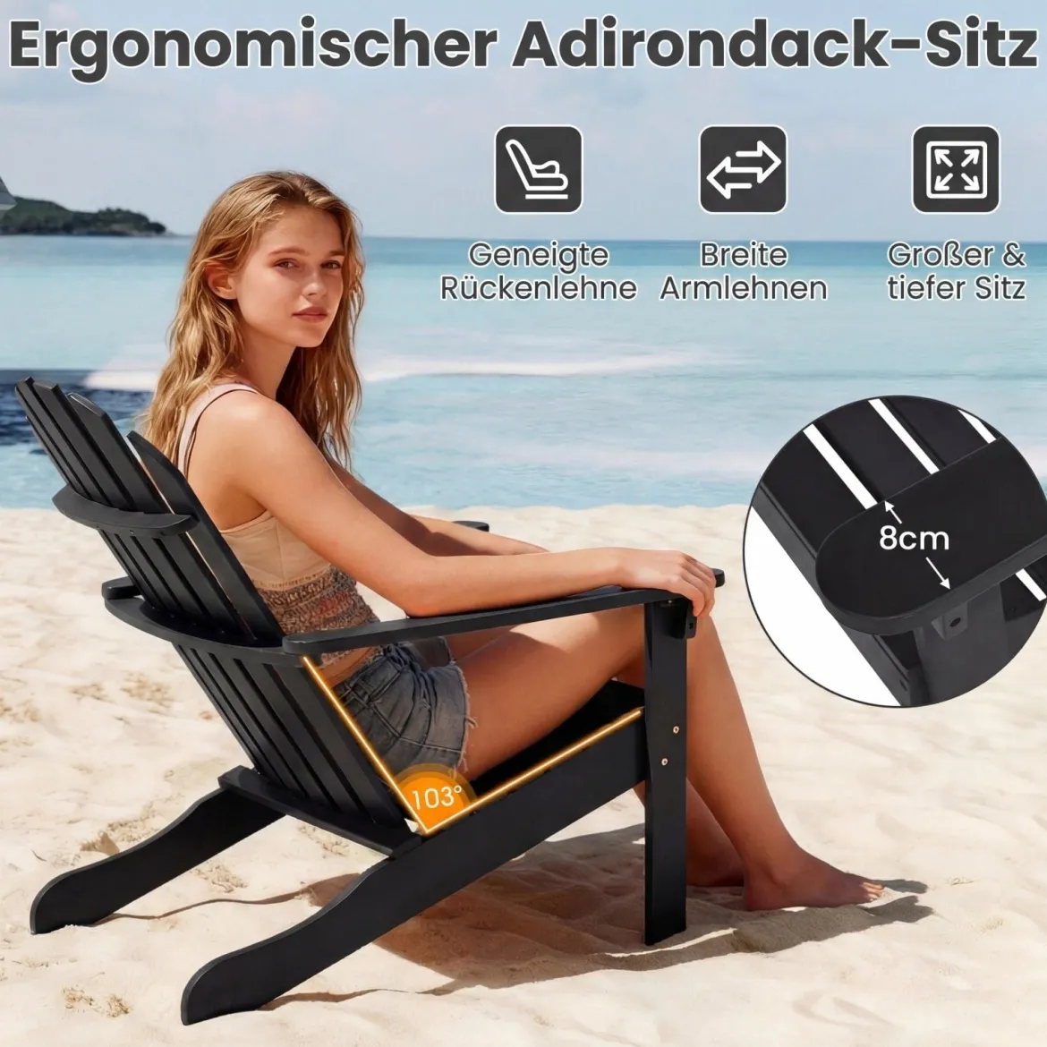 2er Set Adirondack Stuhl Gartenstuhl aus Akazienholz mit Geneigtem Sitz & Hoher Rückenlehne Schwarz