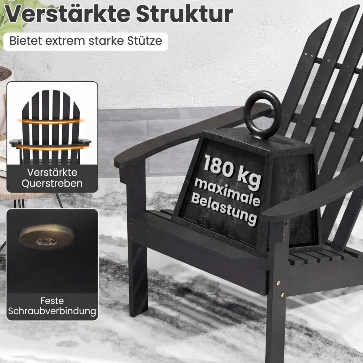2er Set Adirondack Stuhl Gartenstuhl aus Akazienholz mit Geneigtem Sitz & Hoher Rückenlehne Schwarz