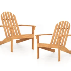 2er Set Adirondack Stuhl Gartenstuhl aus Akazienholz mit Geneigtem Sitz & Hoher Rückenlehne Natur