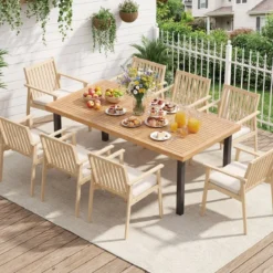 2er Set Akazienholz Gartenstühle mit Kissen & Armlehnen & 180 kg Tragfähigkeit Graulich-weiß