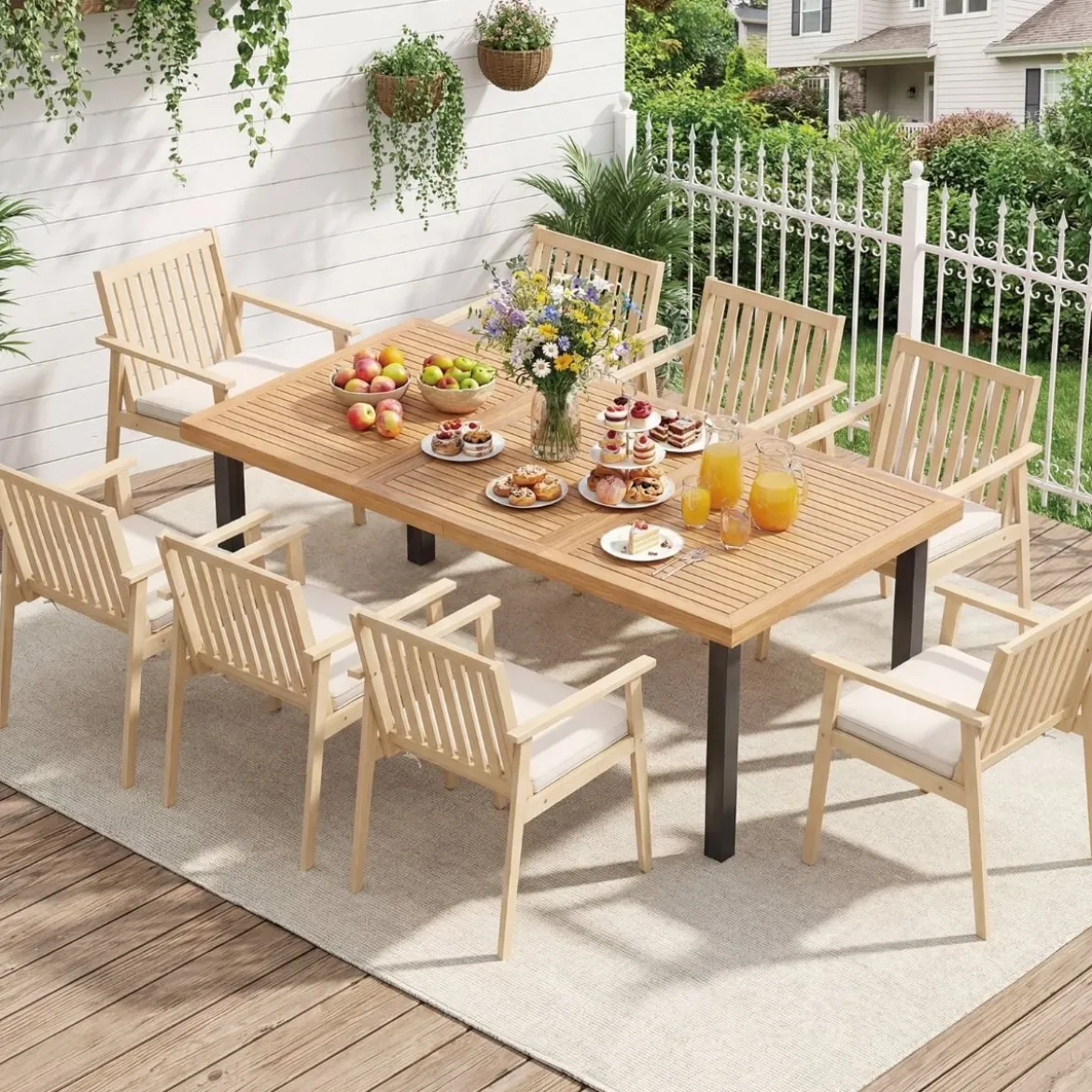 2er Set Akazienholz Gartenstühle mit Kissen & Armlehnen & 180 kg Tragfähigkeit Graulich-weiß