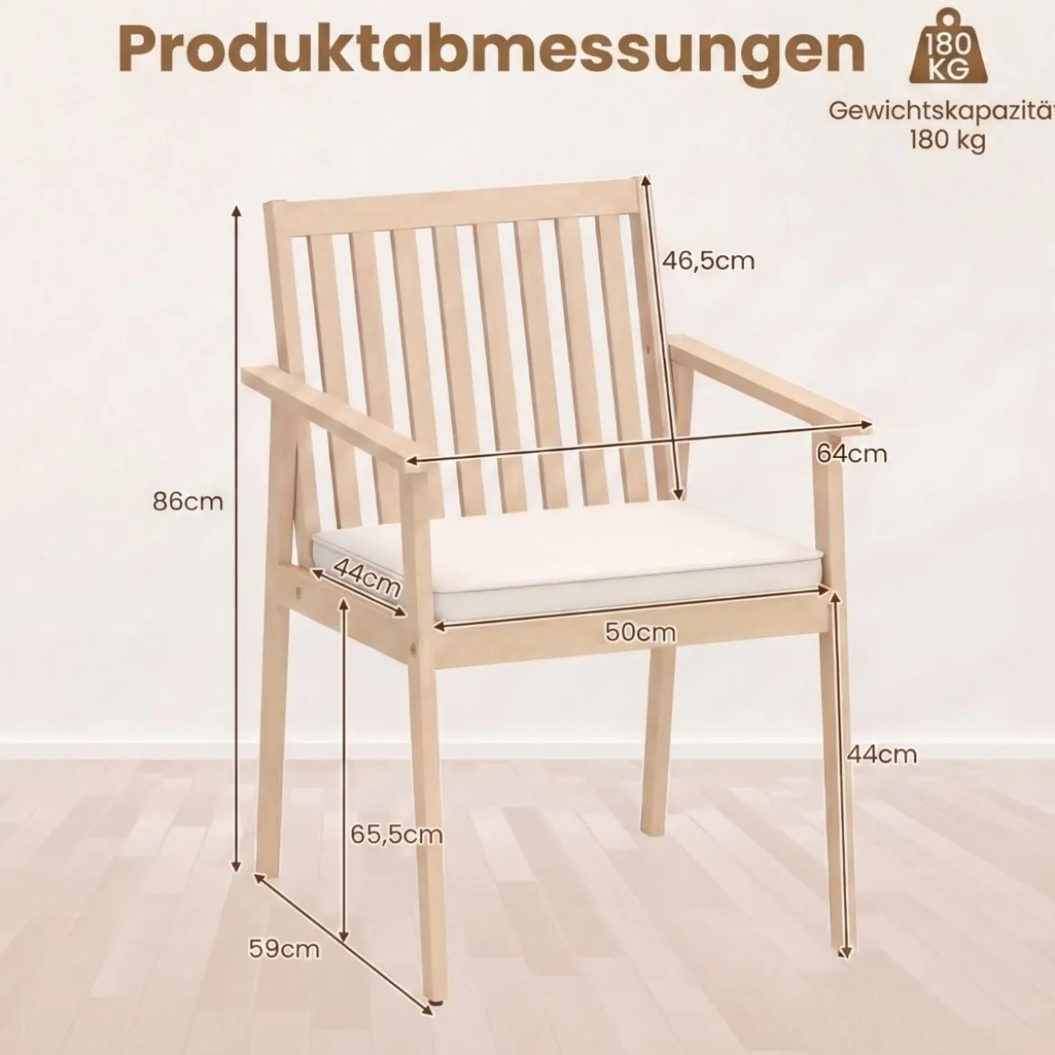 2er Set Akazienholz Gartenstühle mit Kissen & Armlehnen & 180 kg Tragfähigkeit Graulich-weiß